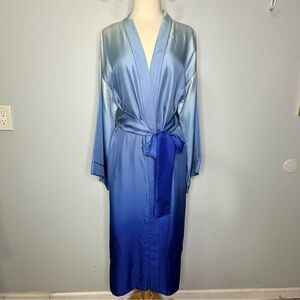 Women’s Ombré Blue Jacquard 100% Mulberry Silk Belted Kimono Robe S NWOT!